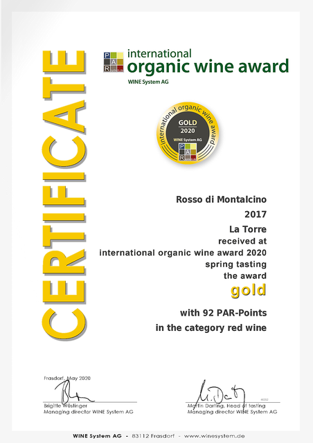 2020 - Award - International Organic Wine Award - Certificate Rosso di Montalcino Doc 2017