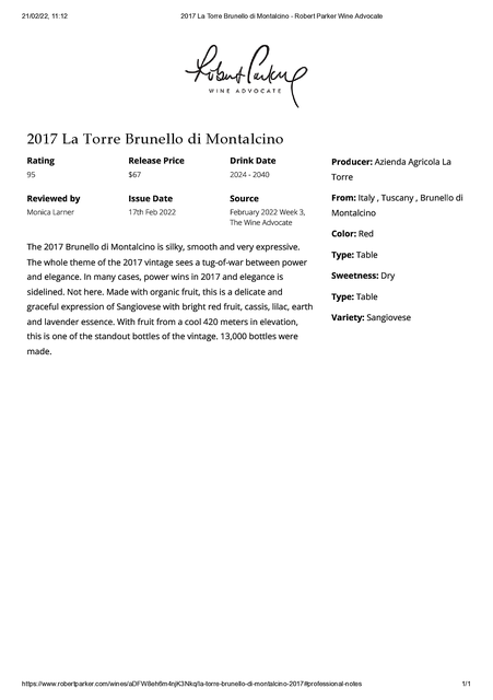 2022-02-17 - Review - Monica Larner - 2017 La Torre Brunello p. 95 - Robert Parker Wine Advocate