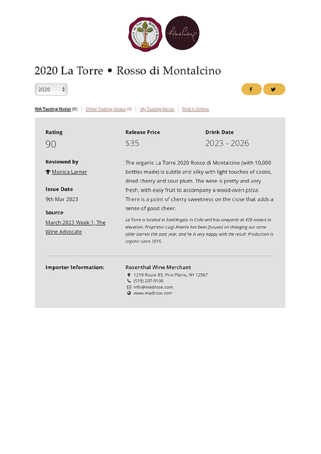 2023-03 - Review - Rosso di Montalcino 2020 - Wine Advocate - Monica Larner